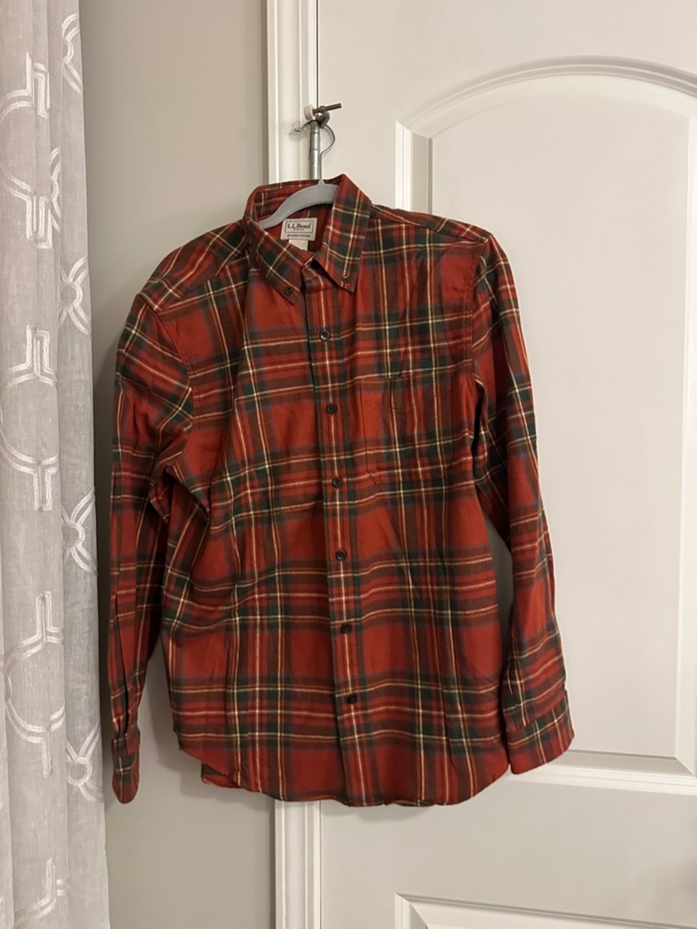 L.L. Bean Men's Orange Red Plaid Button-Down Shirt